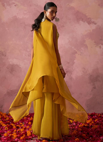 Designer Indo western Palazzo embroidered crop top set with cape.